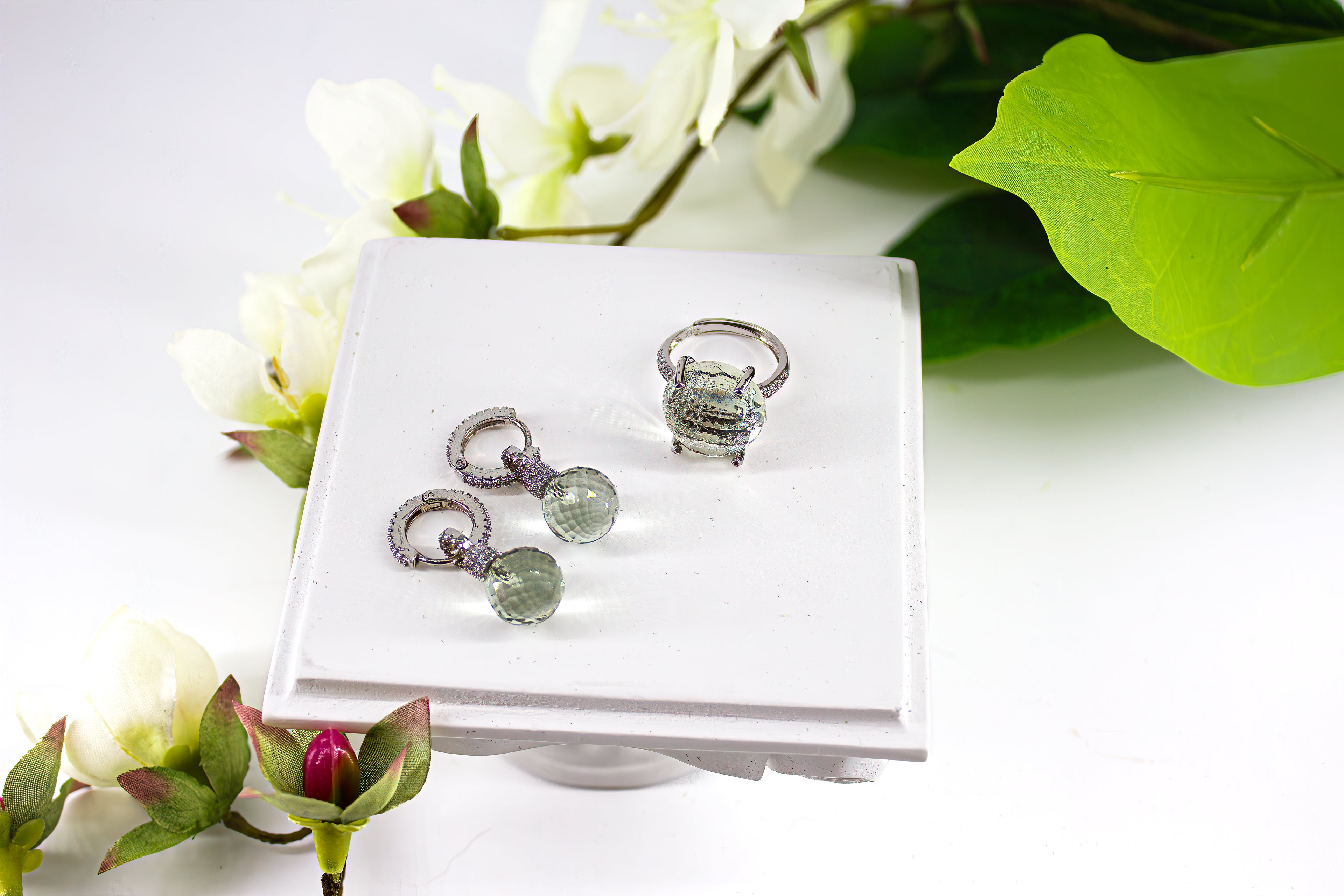 Green amethyst set - earrings and ring