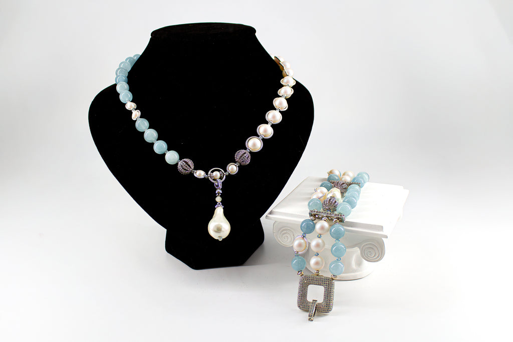 Set Swarovski pearls and aquamarine