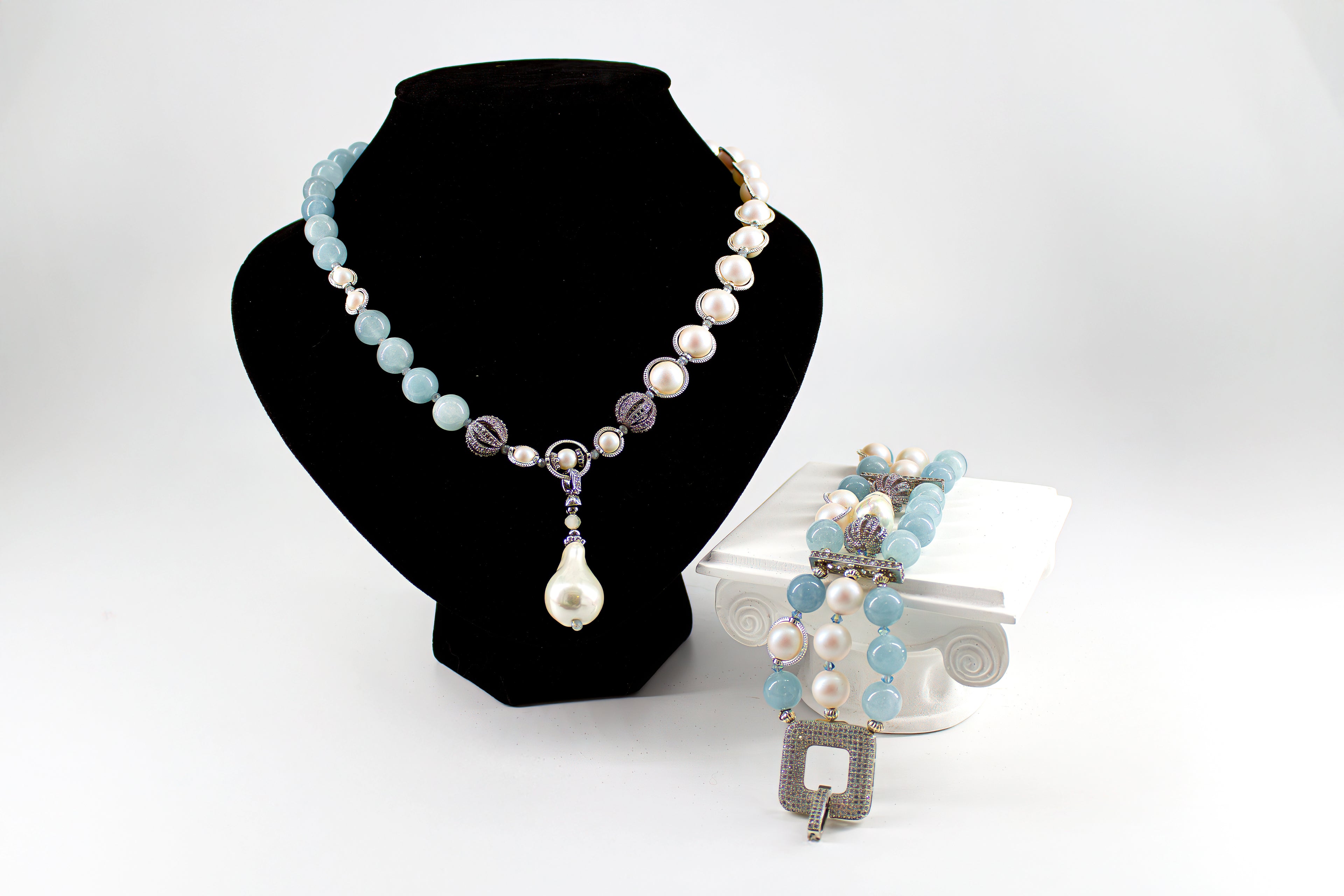 Set Swarovski pearls and aquamarine