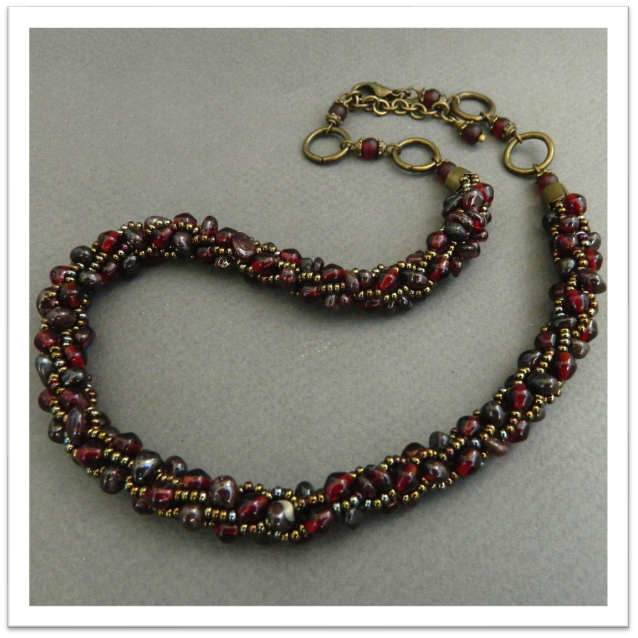 Knitted garnet rope necklace