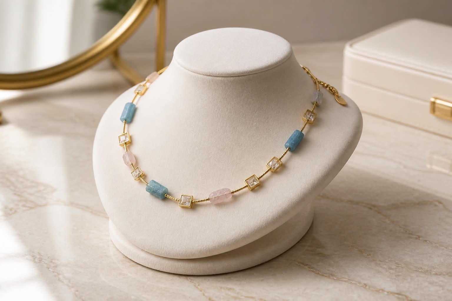 Elegant Rose Quartz and Aquamarine Necklace