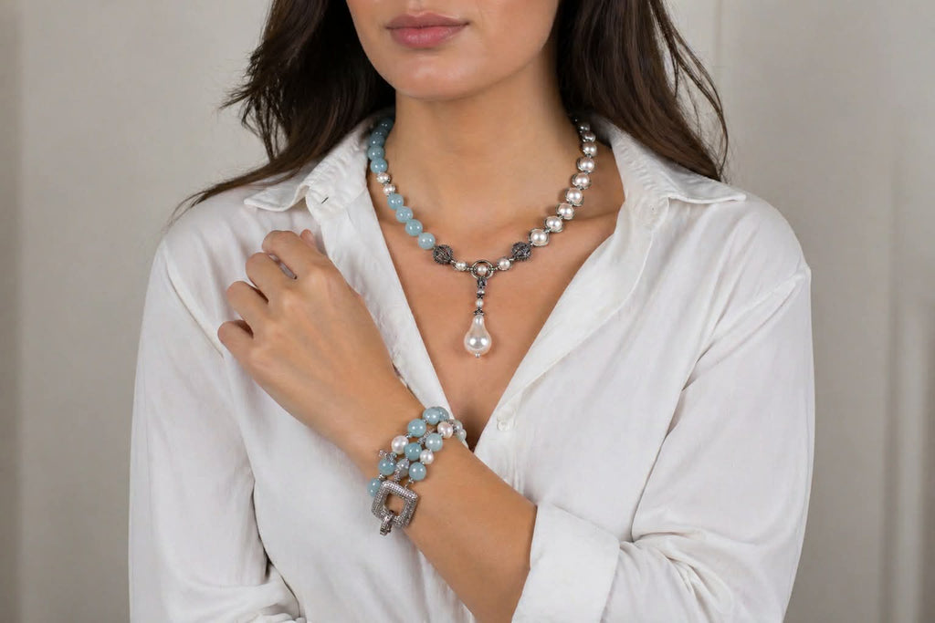 Set Swarovski pearls and aquamarine