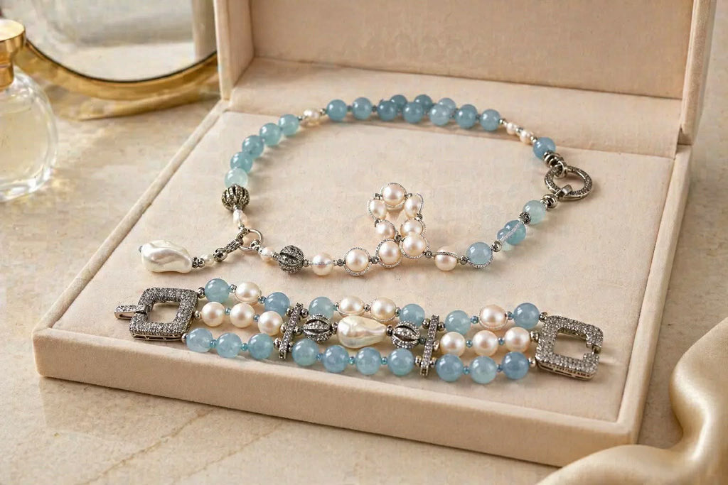 Set Swarovski pearls and aquamarine