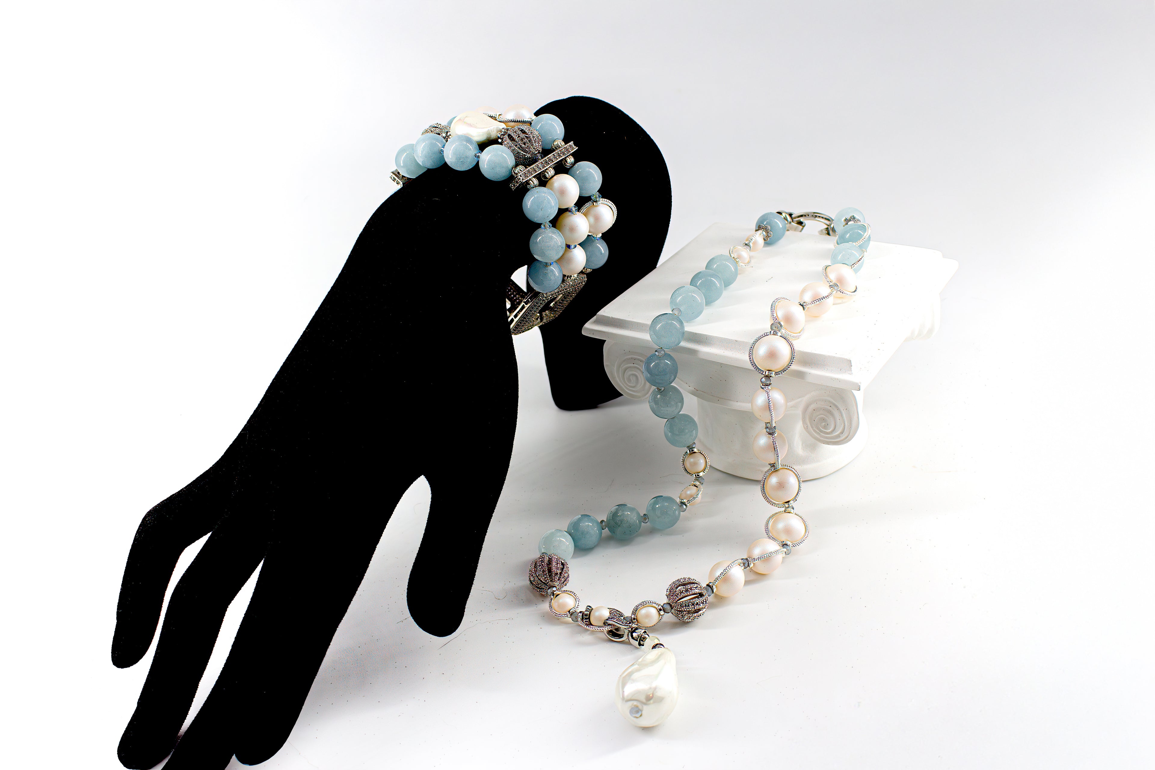Set Swarovski pearls and aquamarine