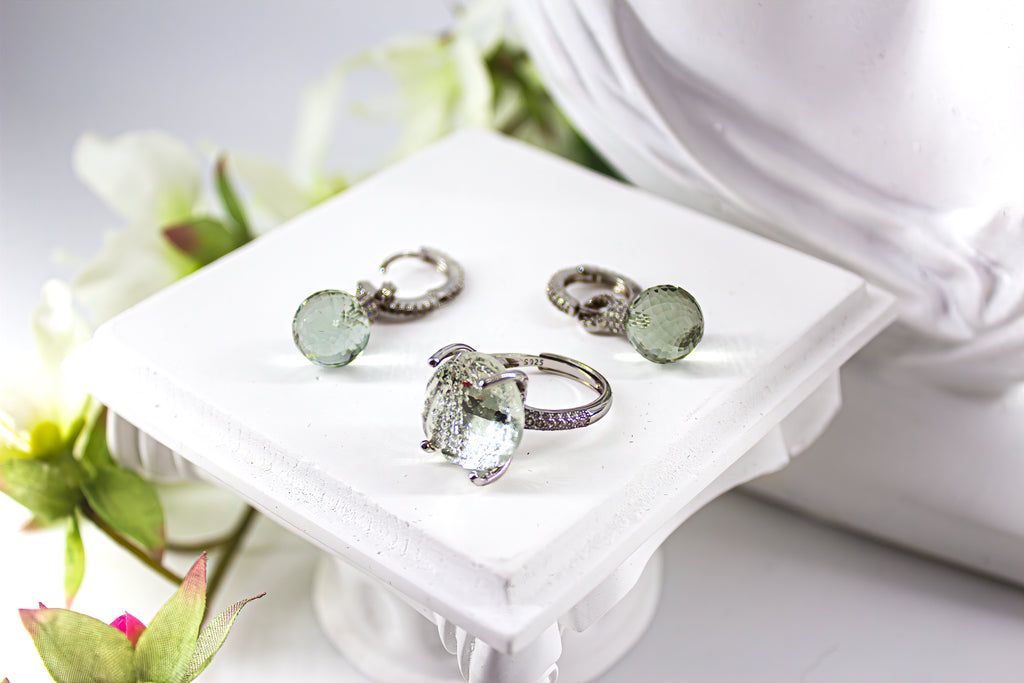 Green amethyst set - earrings and ring